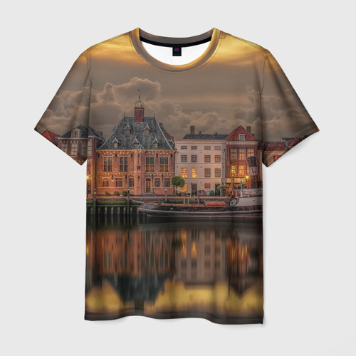 Мужская футболка 3D с принтом Мирный город на воде и тучи, вид спереди #2