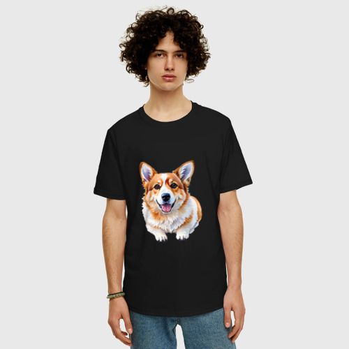 Мужская футболка хлопок Oversize с принтом Корги акварель, фото на моделе #1