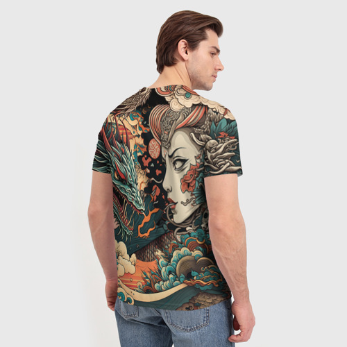Мужская футболка 3D с принтом Коварная женщина, затаившийся дракон, вид сзади #2