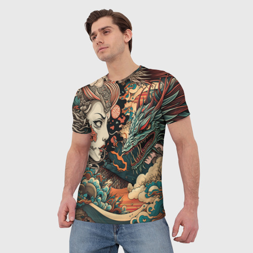 Мужская футболка 3D с принтом Коварная женщина, затаившийся дракон, фото на моделе #1