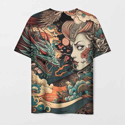 Мужская футболка 3D с принтом Коварная женщина, затаившийся дракон, вид сзади #1