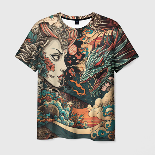 Мужская футболка 3D с принтом Коварная женщина, затаившийся дракон, вид спереди #2