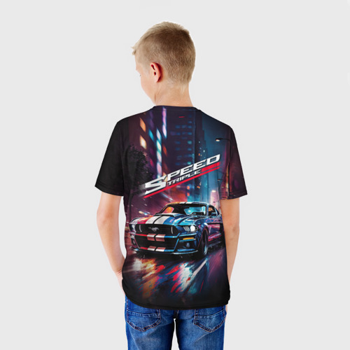 Детская футболка 3D с принтом Форд мустанг в ночи тройная скорость, вид сзади #2