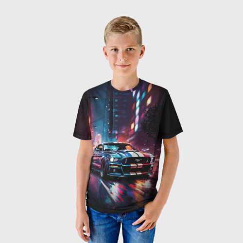 Детская футболка 3D с принтом Форд мустанг в ночи тройная скорость, фото на моделе #1