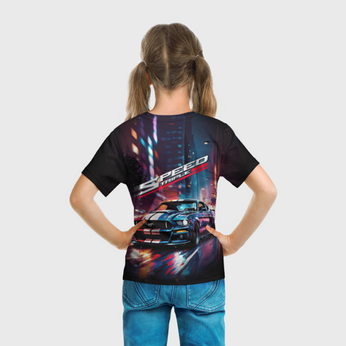 Детская футболка 3D с принтом Форд мустанг в ночи тройная скорость, вид сзади #2