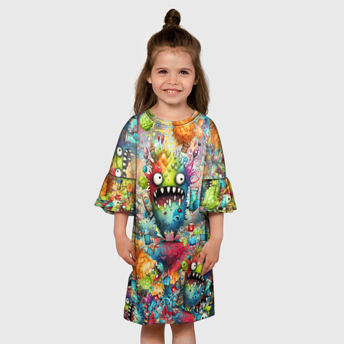 Детское платье 3D с принтом Монстры наступают, вид сбоку #3