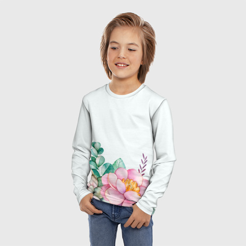 Детский лонгслив 3D с принтом Цветы нарисованные акварелью - снизу, фото на моделе #1