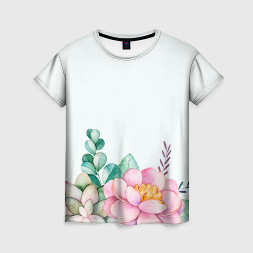 Женская футболка 3D с принтом Цветы нарисованные акварелью - снизу, вид спереди #2