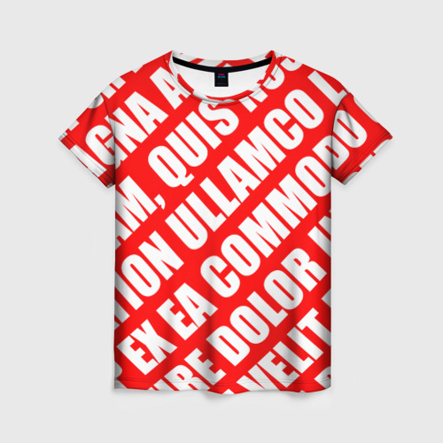 Женская футболка 3D с принтом Крупный рубленый текст Lorem Ipsum каллиграфия на красном, вид спереди #2