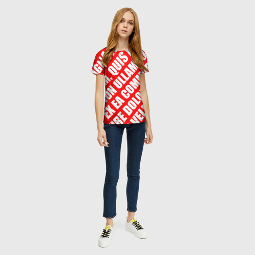Женская футболка 3D с принтом Крупный рубленый текст Lorem Ipsum каллиграфия на красном, вид сбоку #3