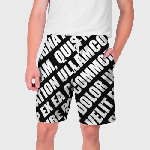 Мужские шорты 3D с принтом Крупный рубленый текст Lorem Ipsum каллиграфия на черном, вид спереди #2
