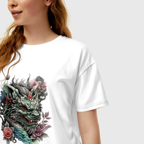 Женская футболка хлопок Oversize Дракон в стиле ирезуми, цвет белый - фото 3