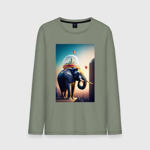 Мужской лонгслив хлопок с принтом Слон, что держит город, вид спереди #2