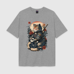 Женская футболка Oversize хлопок texturе Самурай кот