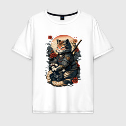 Самурай кот – Мужская футболка хлопок Oversize с принтом купить со скидкой в -16%