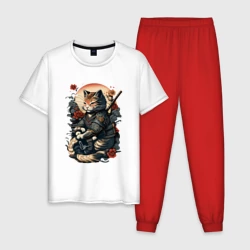 Мужская пижама с белой футболкой хлопок Самурай кот