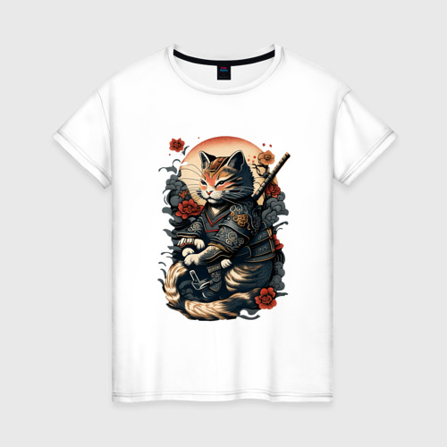 Женская футболка из хлопка с принтом самурай кот, вид спереди №1