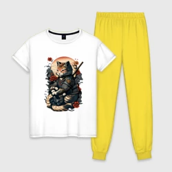 Женская пижама с белой футболкой хлопок Самурай кот