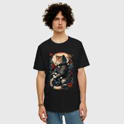 Мужская футболка хлопок Oversize Самурай кот - фото 2