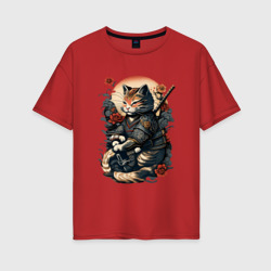 Самурай кот – Женская футболка хлопок Oversize с принтом купить со скидкой в -16%