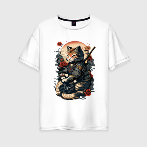 Женская футболка оверсайз из хлопка с принтом Самурай кот, вид спереди №1