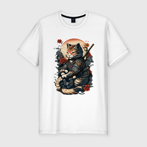 Мужская приталенная футболка из хлопка с принтом самурай кот, вид спереди №1
