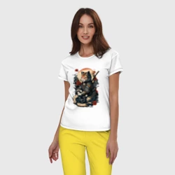 Женская пижама с белой футболкой хлопок Самурай кот - фото 2