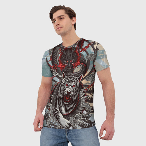 Мужская футболка 3D с принтом Дракон обвил Тигра, фото на моделе #1