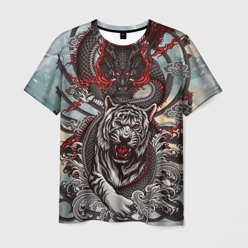 Мужская футболка 3D с принтом Дракон обвил Тигра, вид спереди #2