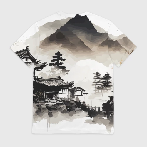 Мужская футболка 3D с принтом Японская деревушка, вид сзади #1