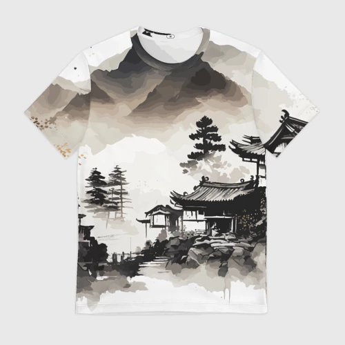 Мужская футболка 3D с принтом Японская деревушка, вид спереди #2