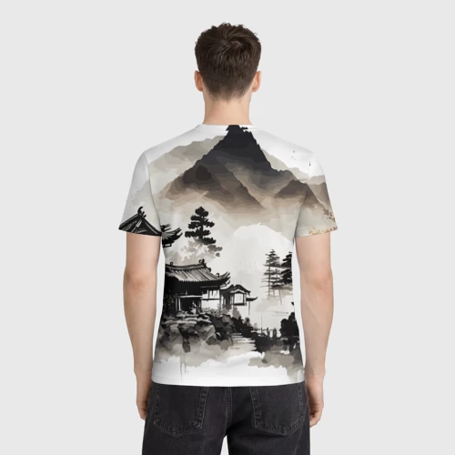 Мужская футболка 3D с принтом Японская деревушка, вид сзади #2