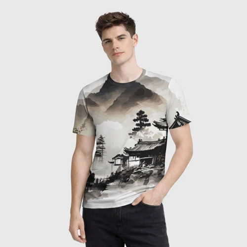 Мужская футболка 3D с принтом Японская деревушка, фото на моделе #1