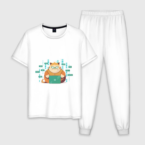 Мужская пижама хлопок Толстенький кот программист, цвет белый