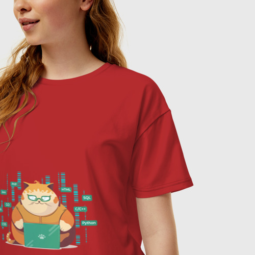 Женская футболка хлопок Oversize с принтом Толстенький кот программист, фото на моделе #1