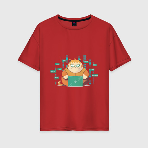 Женская футболка хлопок Oversize с принтом Толстенький кот программист, вид спереди #2