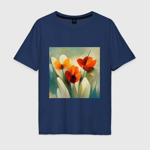Мужская футболка хлопок Oversize Тюльпаны в стиле импрессионизм, цвет темно-синий