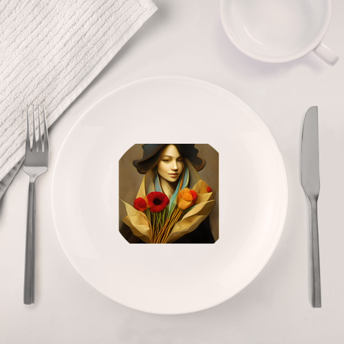 Набор: тарелка + кружка Девушка с цветами в стиле экспрессионизм, дизайн 1 - фото 4