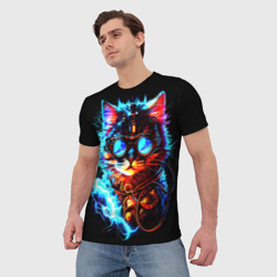 Мужская футболка 3D Светящийся кот стимпанк - фото 2