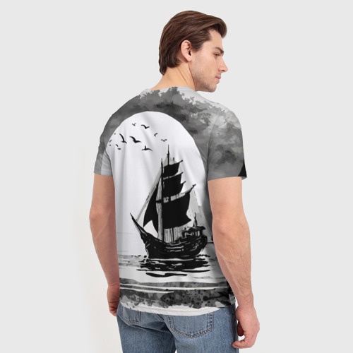 Мужская футболка 3D с принтом Корабль в море, вид сзади #2