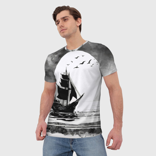 Мужская футболка 3D с принтом Корабль в море, фото на моделе #1