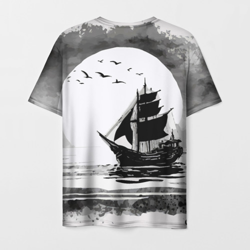Мужская футболка 3D с принтом Корабль в море, вид сзади #1