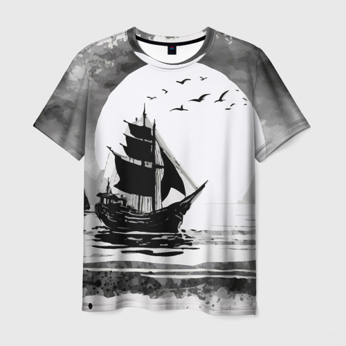 Мужская футболка 3D с принтом Корабль в море, вид спереди #2