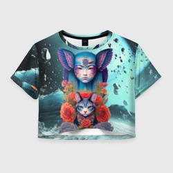 Женская футболка Crop-top 3D Girl with cat in space - neural network