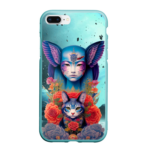 Чехол для iPhone 7Plus/8 Plus матовый Girl with cat in space - neural network, цвет мятный