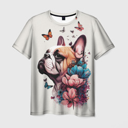 Мужская футболка 3D Французский бульдог в цветах и бабочках