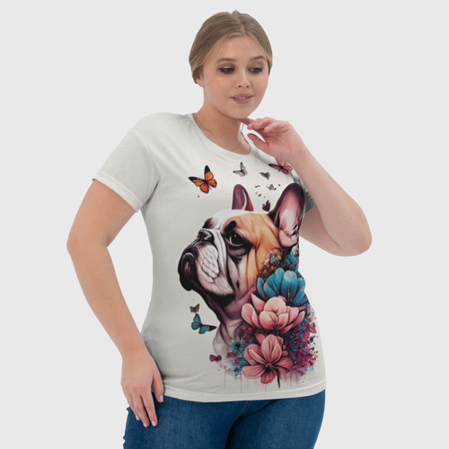 Женская футболка 3D Французский бульдог в цветах и бабочках, цвет 3D печать - фото 6