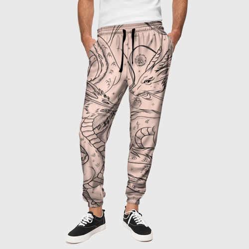 Мужские брюки 3D с принтом Дракон - унесенные призраками: тату на бежевом, вид сбоку #3