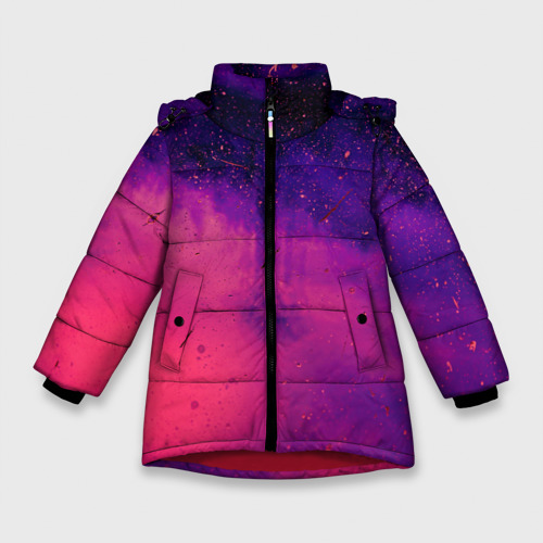 Зимняя куртка для девочек 3D с принтом Фиолетовый космос, вид спереди #2