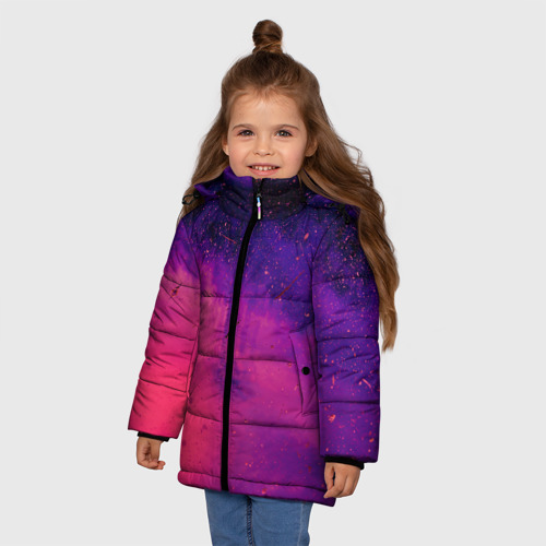 Зимняя куртка для девочек 3D с принтом Фиолетовый космос, фото на моделе #1